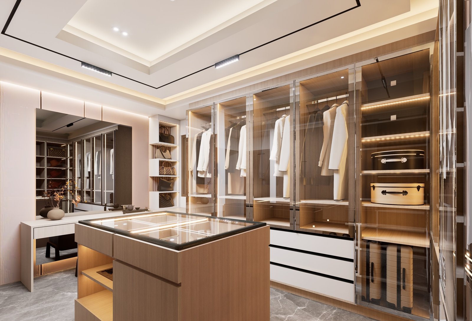 Closet contemporâneo com iluminação e portas de vidro