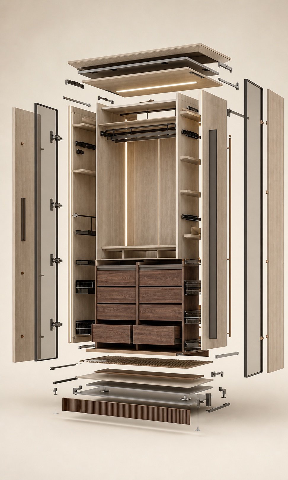 Visualização 3D explodida de um armário modular com ferragens, gavetas e iluminação integrada